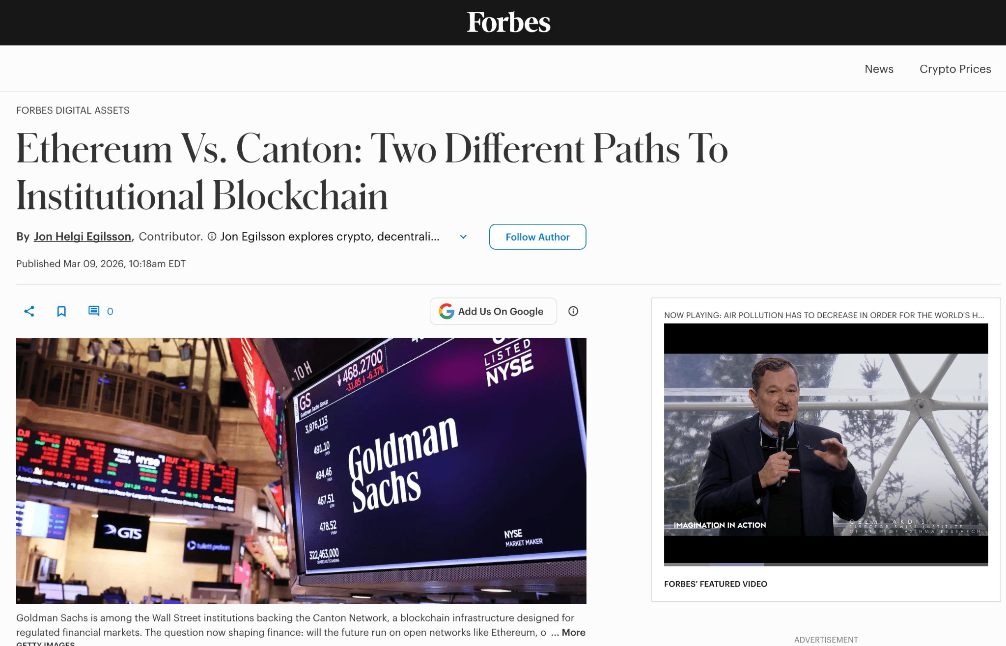 Forbes: Ethereum vs. Canton, Two Different Paths to Institutional Blockchain