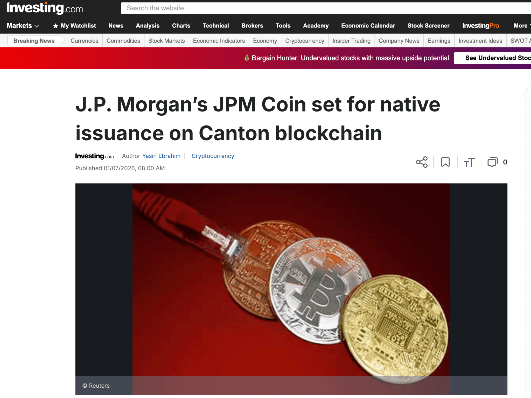 Investing.com / Reuters: JPMorgan's JPM Coin set for native issuance on Canton blockchain