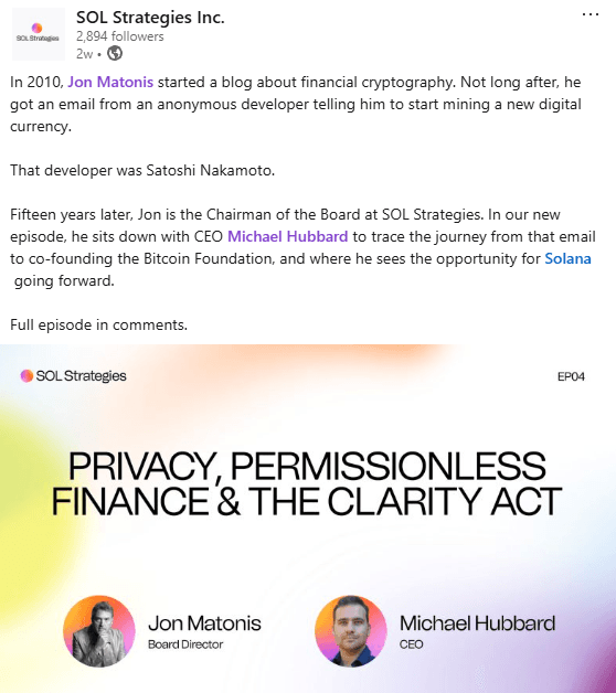 Jon Matonis and CEO Michael Hubbard on the SOL Strategies video series